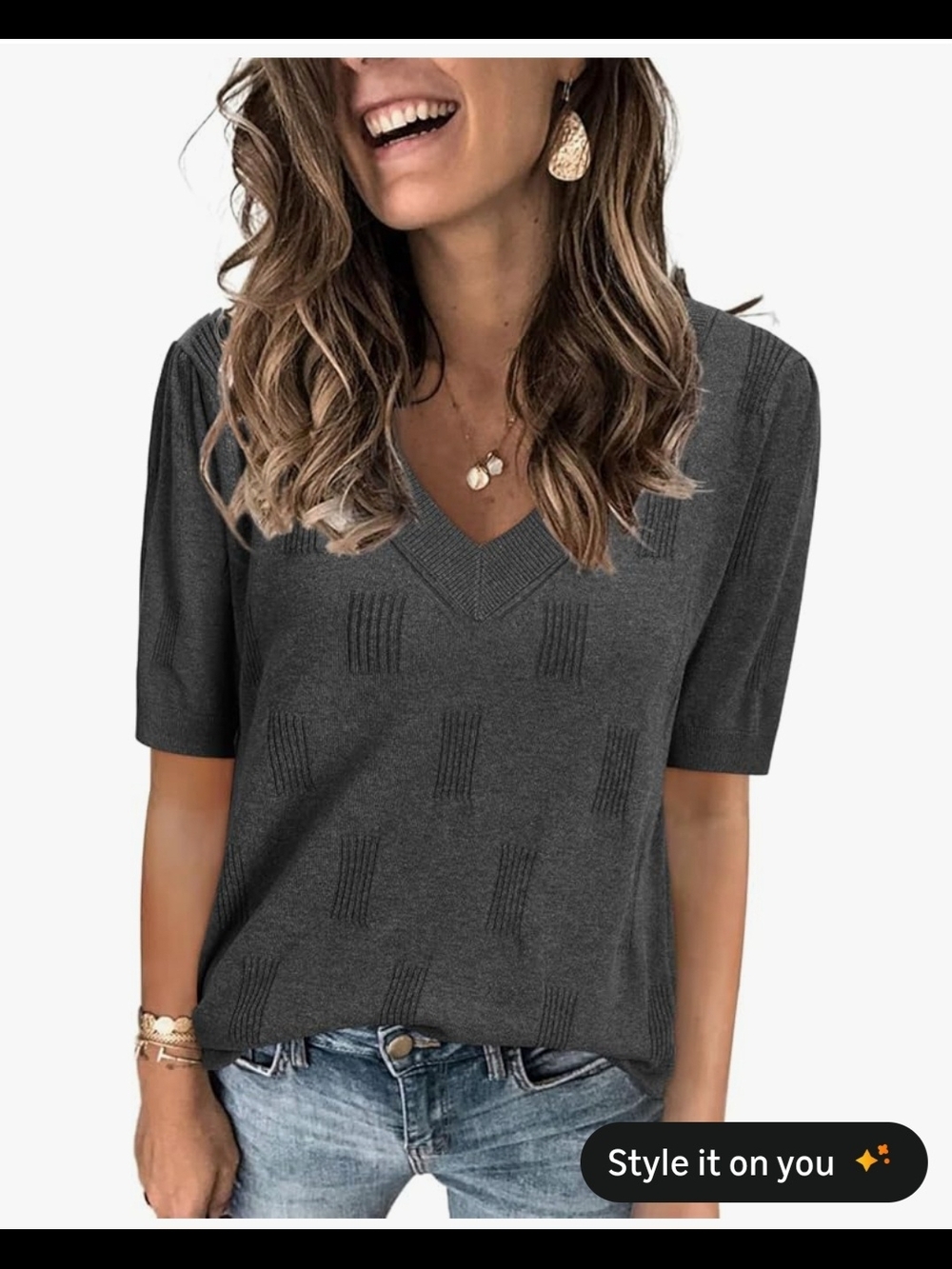 V-Neck Short Sleeve Sweater Top - Charcoal Gray